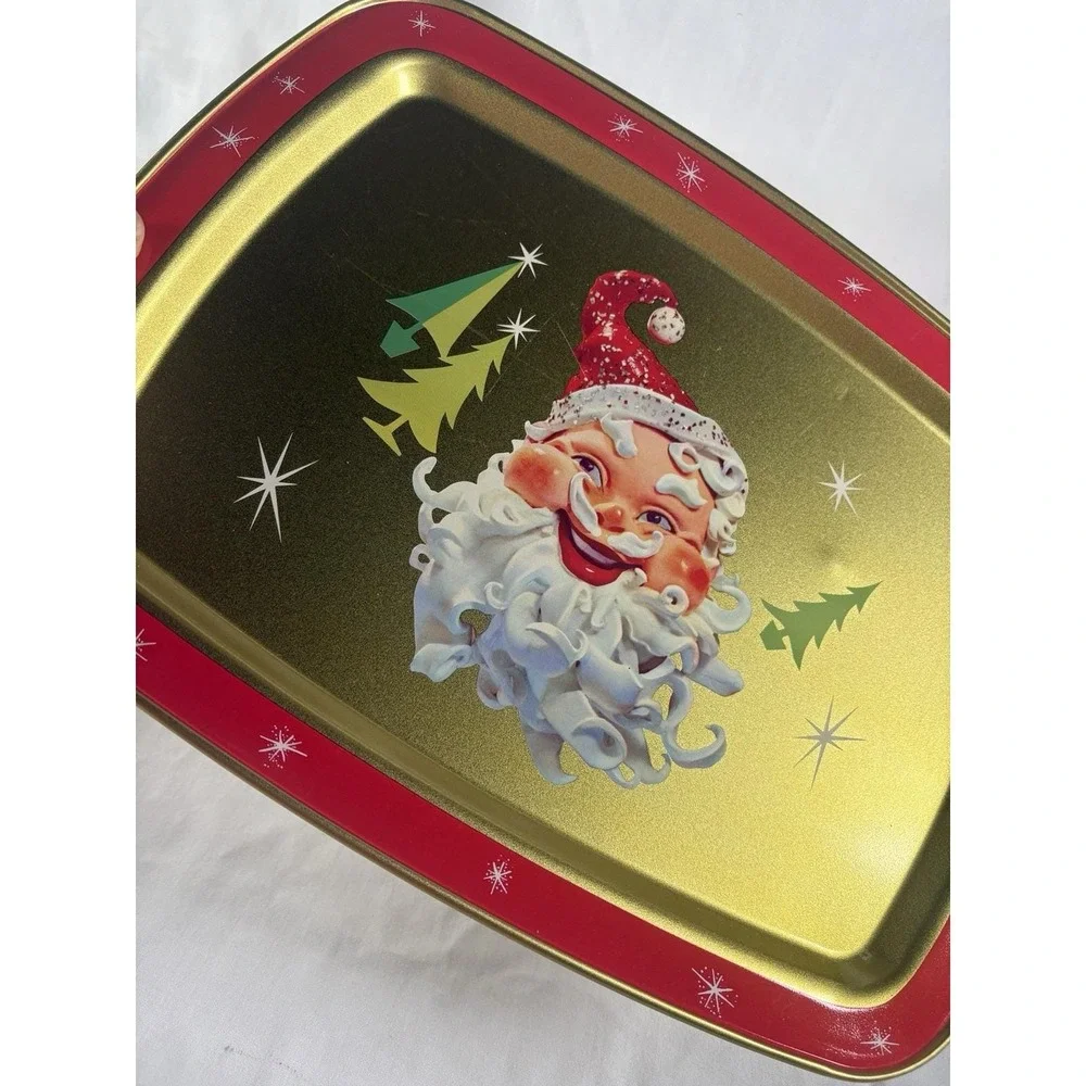VTG Santa Tray Christmas Atomic Stars Holiday Metal Decorative Gold Retro 11x14